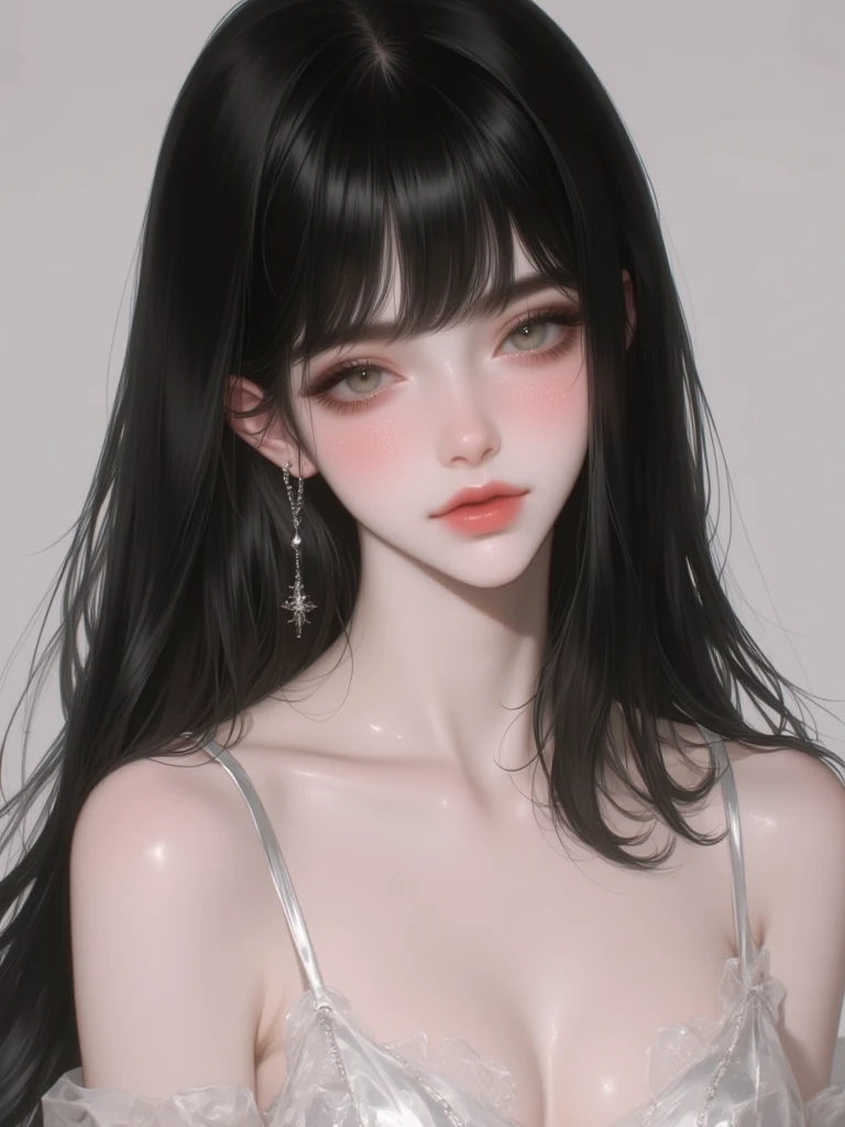 perfect figure beautiful woman：1.4，Layered Hair Style，Protruding cleavage，Black two-dimensional clothing：1.5，Highly Detailed Face and Skin Textur，double eyelid，Whiten the skin，long whitr hair，playing water，Collar