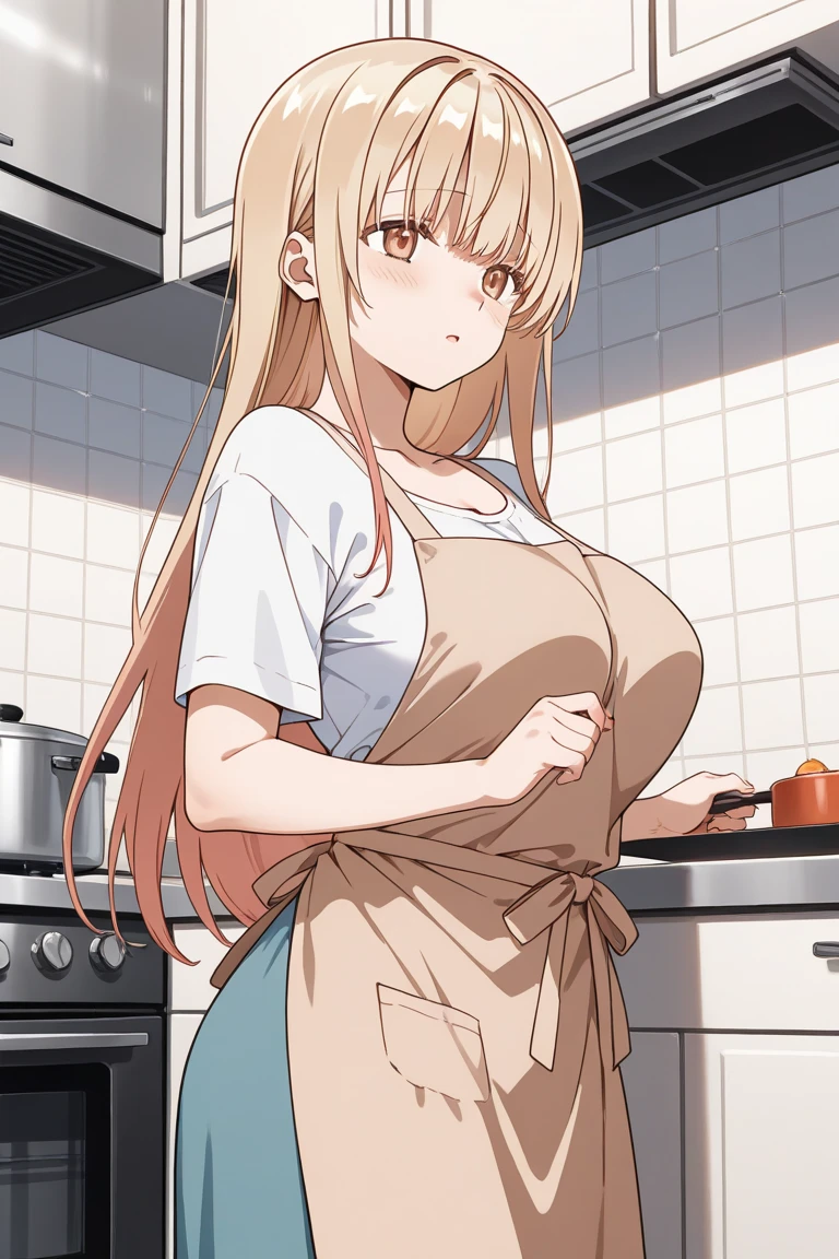 1girl, nsfw, endou_me, sanpaku, (black eyes:1.4), blonde hair, long hair, hairclip, crying, empty eyes, Sweets store, local snack shop, Kitchen, large breasts, nipple, Walking, Cooking Classes, frozen, Wet, crying, Naked, (1girl) Blank look, Peeing, lactation, projectile lactation, sea