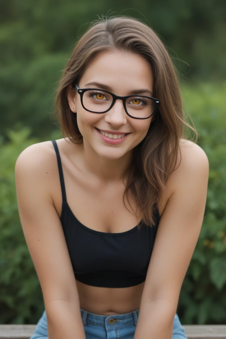Un personnage au style hyper réaliste, plan large, une femme de 35 ans aux cheveux bruns, portant de fines lunettes, sourire charmant. Elle est attirante aux yeux marron, portant une robe verte, buste complet visible, avec ses cheveux en chignon haut. Plan large à la campagne. Photoréaliste, complexe, hyper réaliste
