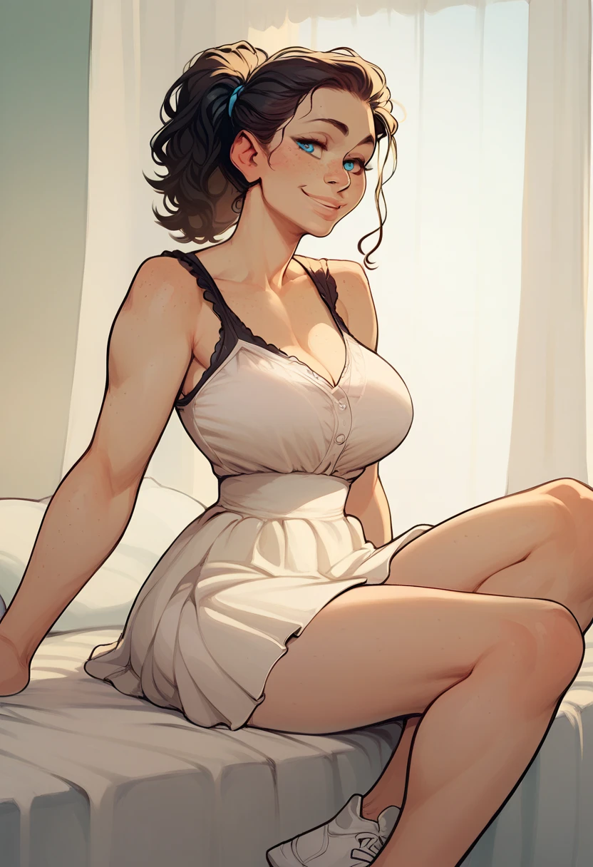 Nice face,Adult,Coquettish,mature,,Elegant,nightgown, sit on bed,Mother and son, child,
