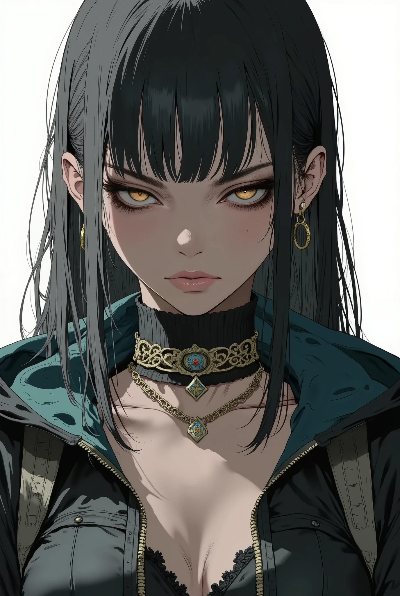 masterpiece, latest, very aesthetic, [[front face portrait]] A very beautiful 25 year old girl, mixed race oriental, oriental features, hair with straight cyberpunk style bangs, she is wearing a cape with leather clothes underneath, "Assassins Creed" style clothes she has black hair, with anime features similar to the anime 'Vampire Hunter D Bloodlust', , rossdraws 2.0, rossdraws 1.0, high quality image, adult style anime, more realistic chemical features, reminiscent of 90's anime. 3 tone, 90's anime colors, defined and striking features, serious look, high resolution, 3 color tones, cell tone, high contrast, no gradient, FRONT VIEW, [[Her face is facing forward]] , masterpiece, high resolution, anatomically correct, high quality, The image shows a close-up of her face, portrait, 'Fatal Fury' anime style drawing, anime style drawing 'blade&soul'. anime features, rendered in the style of the anime 'Vampire hunter D' [[White background]]