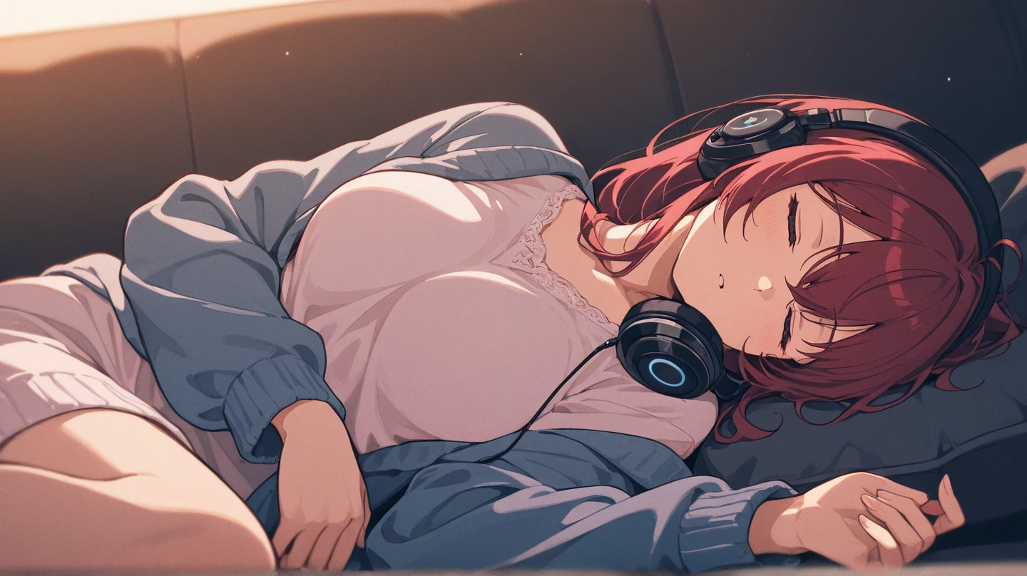 (Highest quality、Masterpiece、Very detailed、4K)、One Woman、17 years old、Brown Hair、short hair、(((Nakano Miku)))、headphone、chest、arm、(Beautiful navel)、(Beautiful thighs)、(White shirt)、(Panties)、(Sleeping in bed)