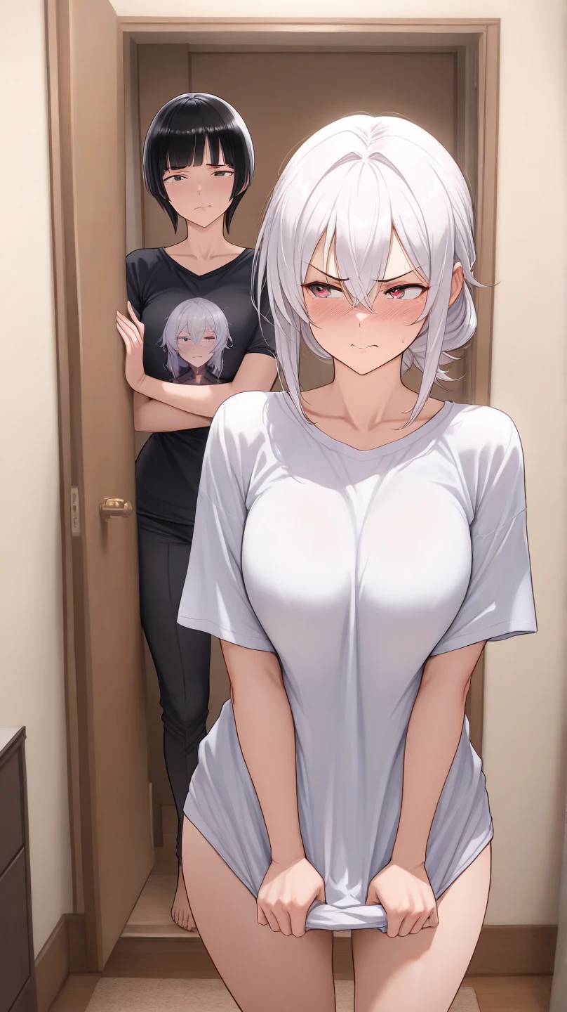calidad superior, Obra maestra, NSFW anime illustration of a woman with short hair has painted lips and is opening the door of a house dressed only in a shirt
