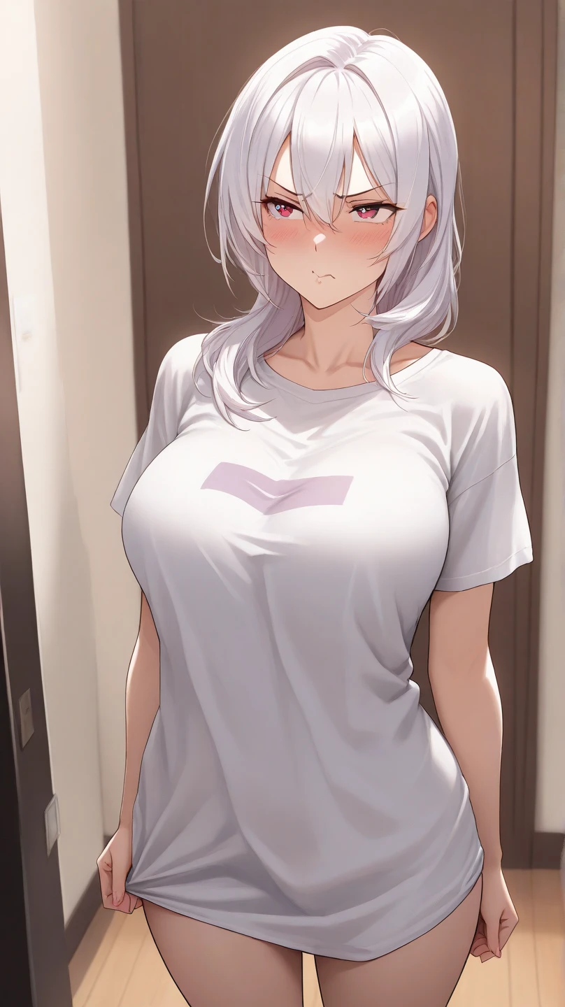 One girl, alone, (Firm breasts, Huge breasts:1.25), eyelash, blush, notice, From the side, Oversized naked t-shirt, foot, kitchen, Looking_Away, Are standing, bangs, (Covered nipples), (Tilt:-0.6), No pants, Closed_mouth, Expressionless, (See-through silhouette, sink), (stomach, Fat, Muffin Top:0.85), Bottomless, Messy Hair , FFFFFF, ((D3D3D3:0.62), (F4A361:0.43):1.3) ,