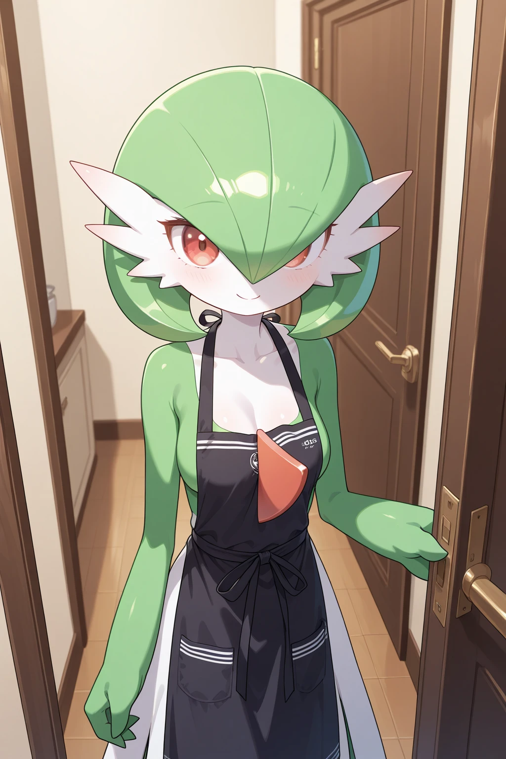 (masterpiece, best quality, 8k, sharp focus, depth of field, best shadows, perfect lights, HDR, realistic skin texture, ultra-detailed background, detailed), masterpiece, pov, 1 girl, solo, kirlia, red horns, blonde hair, blue eyes, porcelain skin, mischievous smile, seductive look, standing, naked, wearing green apron, starbucks apron, starbucks logo, medium breasts, in front of starbucks kiosk, starbucks kiosk background,