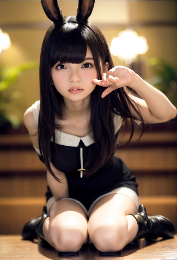 ((Highest quality)), ((masterpiece)), (detailed), Realistic Girls、Anatomically correct, Black Bunny Girl Costume、Lie on your back on the sofa、Hold your knees and raise your legs、looking at the camera、Top view、Both arms are supporting the body and cannot be seen、blonde、Twin tail hair、from the front、Sole、The facial expression of sexual satisfaction、brown eyes