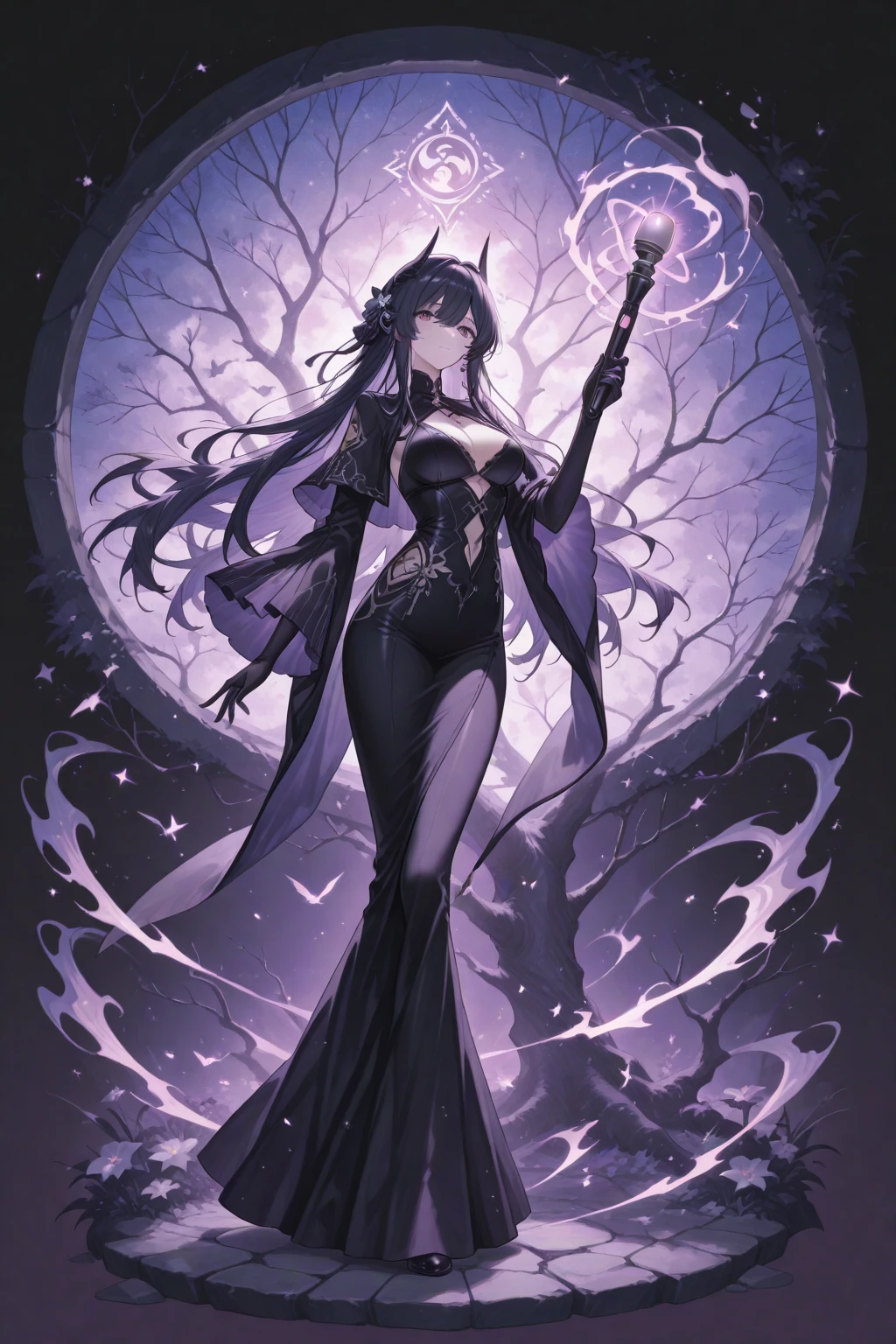 A beautiful anime-style woman with long hair and a purple flower、A contrast living in the dark graveyard（B99、W55、H68）A beautiful woman with a glamorous body、An immoral beauty in a radical black and grey dress、Crow、Undead、chaos、mystery、Big Breasts、Full Body Shot。