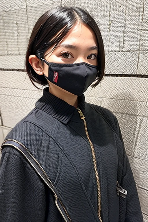 portrait photo of a 20 y.o girl, (wearing a navy blue full coverage - techpunkmask with smallish antenna), solo, single focal, brown hair, brown eyes, small head, fashion girl, beautiful eyes, real face, real skin, real face, realistic skin, detailed eyes, mint lace cami, fashionable hairstyle: 1.3 Dynamic poses, viewers, detailed face and chest look, top quality, realistic, realistic, very detailed, very delicate and beautiful, professional lighting, face lighting, depth of field,