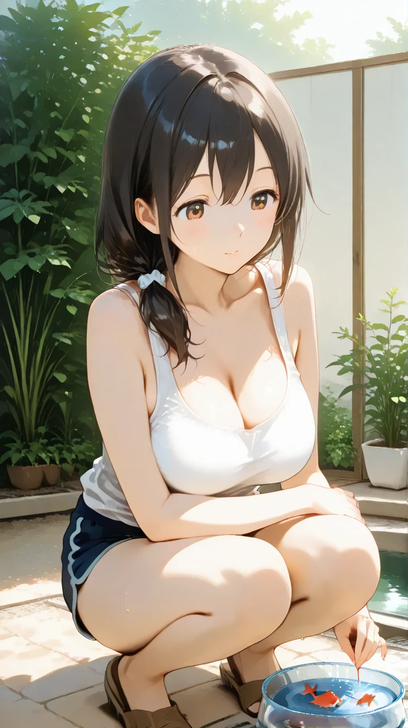 highest quality、masterpiece、超A high resolution、(Photoreal:1.4)、gardenであくびをする一人の女の子、panting face、black haired、functional、Bewitching、dramatic lighting、Full body Esbian、maikurobikini、huge breasts、coming from behind、garden、Pubic hair is visible、crawl on all fours、blushing face、functional、dirty
