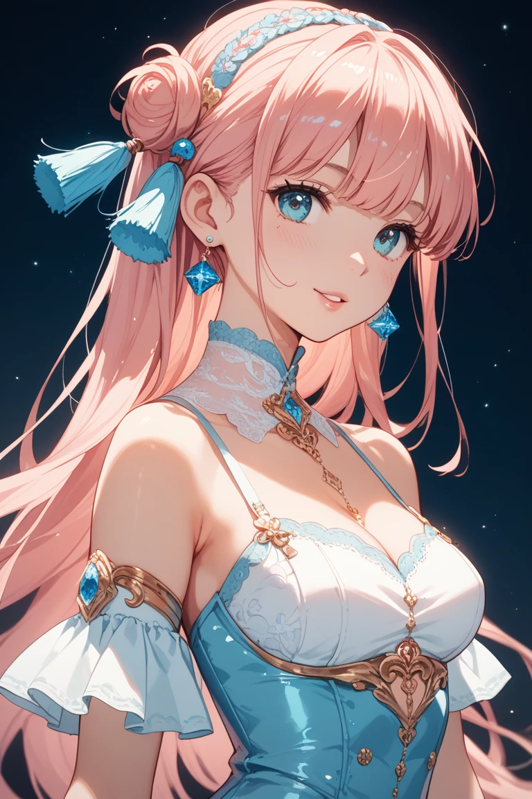 Official Art, Masterpiece, Sharp Focus, (Beautiful Gorgeous and Lovely Korean Woman: 1.3), (Beautiful and Lovely Korean: 1.3), Korean beauty, delicate and beautiful hair eyes and face, realistic, super detailed, beautiful girl, blue sky, luminous white particles, (side light:1.2), sunlight, white clouds, fine clouds, slim, cute big tits, big ass, grin, ((eyes open when laughing)), landscape, long straight hair, sexy expression, buildings, (city view: 1.7), dynamic hair, long straight hair, delicate platinum-pink hair, shiny blue eyes, (blue pleated shirt + white dress), white stockings, pale skin, hair dotted with epic landscapes,