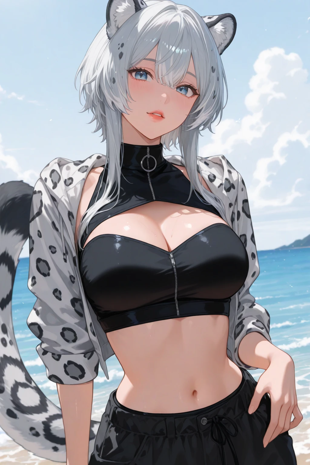An adult woman half fox and wolf, large breasts, red eyes, white hair, very shy, with a black bikini