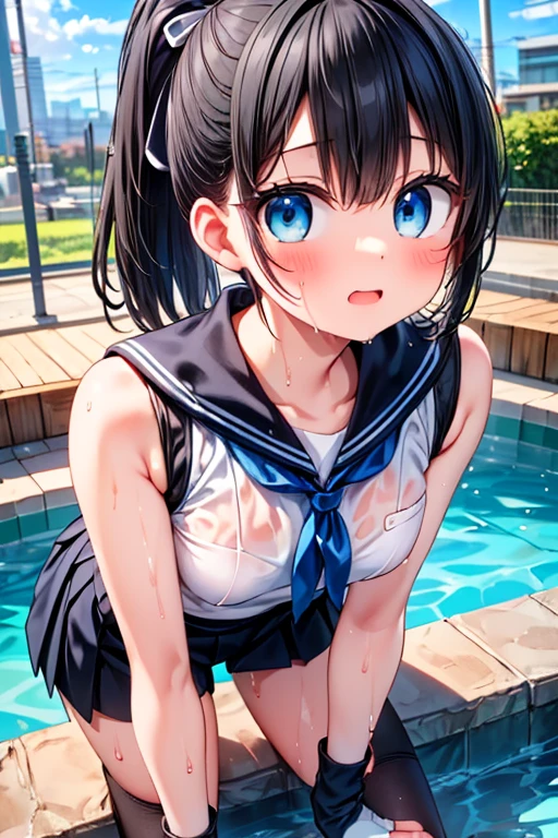 1 woman, HD quality, (ahegao:1.3), (orgasm:1.3), (drooling:1.3), sheer white long thigh-high socks, sheer white satin long gloves, (glowing eyes), best ratio four finger and one thumb, (Large breasts), cleavage, (sitting on a poolside with one knee up:1.5), (showing pubic area:1.5), Green eyes, (Crop Top white shirt:1.5), (Micro thong:1.5), (under boob:1.5), (Sailor uniform only for the upper body:1.5), blue sailor collar,(black high-heeled shoes), red ribbon tie