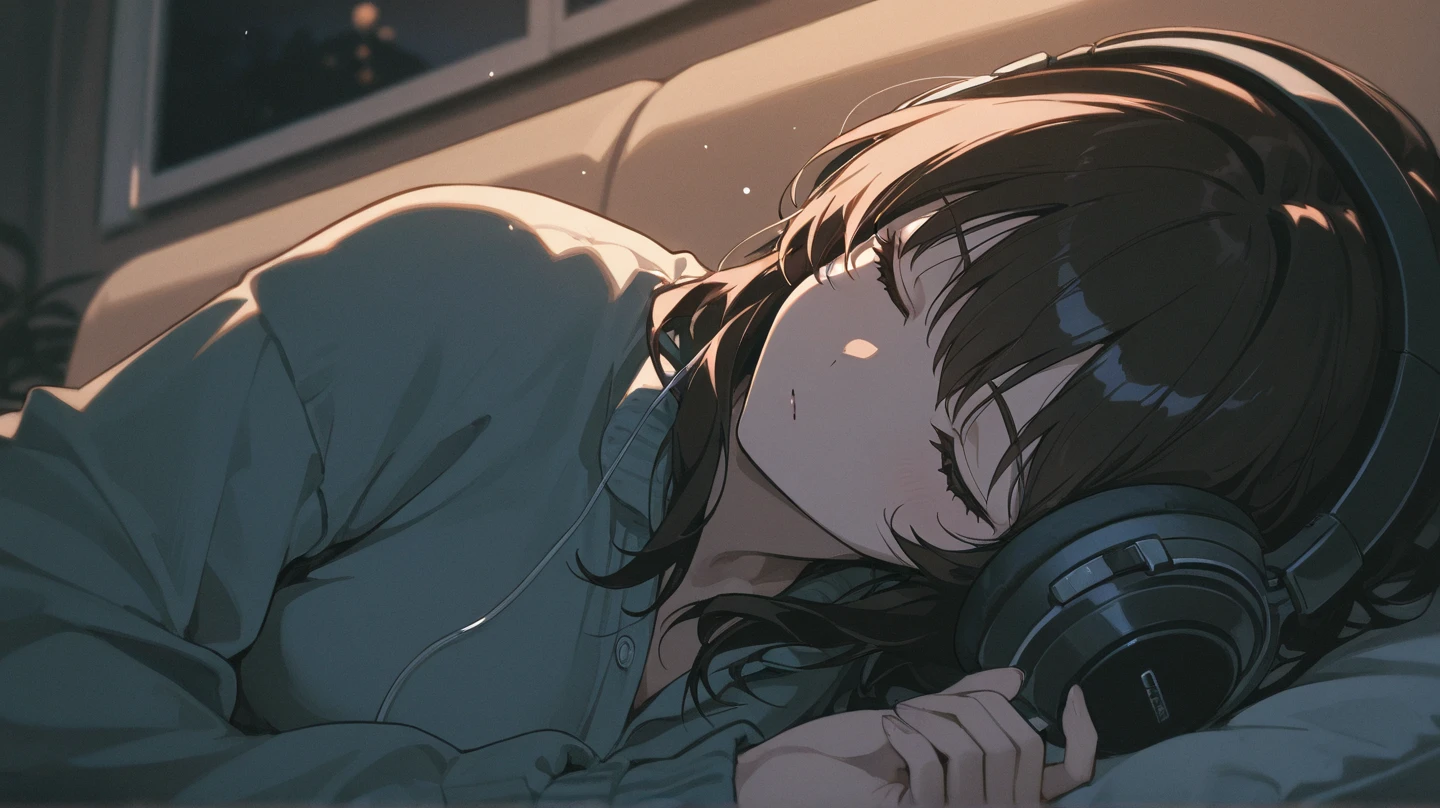(A room with a messy desk and books. Lying in bed、Anime illustration of a black-haired girl sleeping with headphones on and her chin resting on them while listening to music、Dark Eyes、Japanese