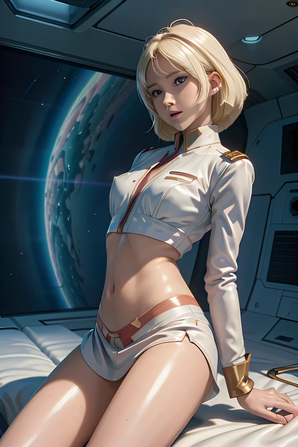 teen emma watson as a nun blonde. freckles. sparkly blue eyes that speak of innocence and acceptance. Slender frame and beautiful figure. tight leather shorts. crop top. reading while lying outside a spaceship. ripped clothes exposing muscle. sci-fi.
