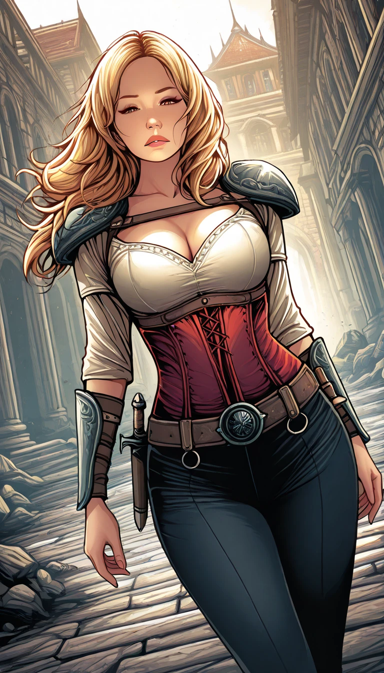 jolie femme, European, Cheveux roux clairs avec des mèches de cheveux blondes, dentelle, fourrure, bustier en cuir, Fantasy medieval cadre