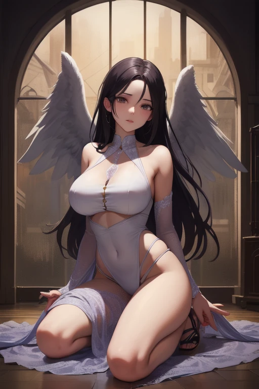 (​masterpiece, best quality:1.2), Intricate detailing, ((Naked)), ((Nude)), ((NSFW)), Harran, 1 girl, Harran Head gear , contrasting sleeves, hat, black Hair, sexy body, city in the background, (mature woman:1.2), ((medium sized breasts))