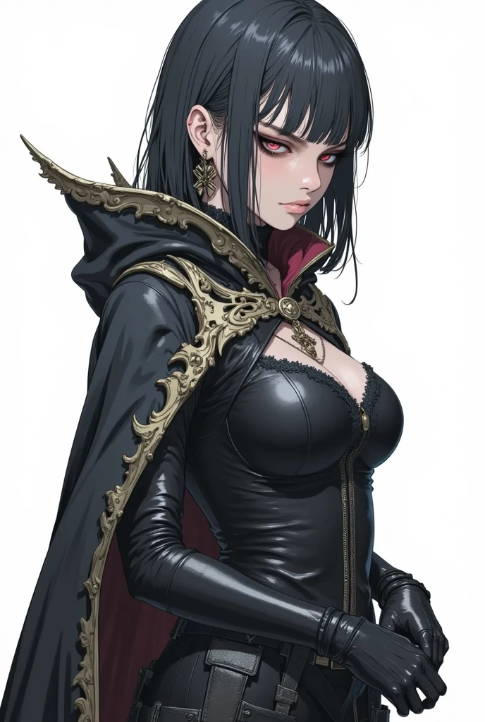 A closeup of a woman and some other poses, concept art, character content art,1girl, highres, sharp focus, pixiv masterpiece, ((intricate details)), highly detailed,exquisite fanart highly detailed, commission for high resolution, one eye, detailed eyes,blue eyes, vampire eyes, pale skin, fair skin, short black hair, dark hair, muscular!,abdomen,  pointy ear, vampire, costume: mercenary outfit, long coat, gothic style clothing, Underworld style clothing, neckline, revealing neckline, joy ride style, ilya kuvshinov,Anime Moe Artstyle, Female anime character, Anime character,