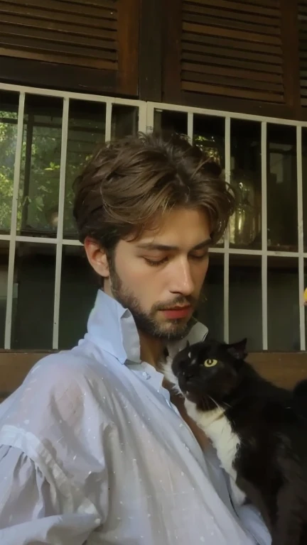 Man with cat's head, rosto de gato, foto de meio corpo, peasant clothes