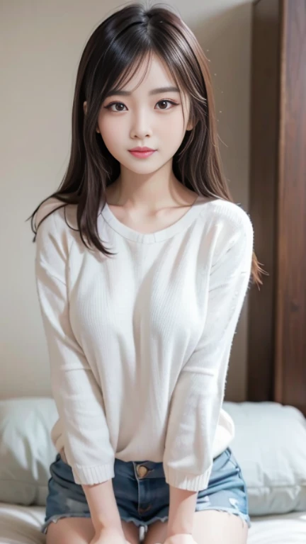 masterpiece、one beautiful women、A detailed face、A detailed eye、Detailed skin、top-quality、japanes、Illuminated from the front with bright lighting、profetional lighting、Always face straight ahead、The background is a little blurry、24 year old、Bright morning sun shining in a Western hotel room in the background、Sitting on the bed、Girl Wearing Oversized White T-Shirt、a smile、