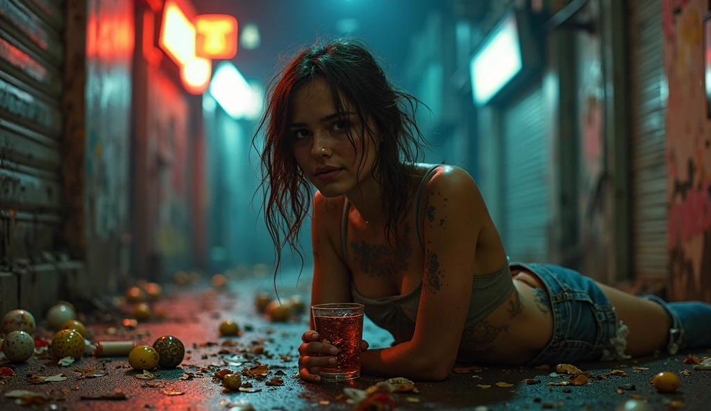 A woman in her late twenties is sitting on a street bench, at night, holding a beer, wearing the clothes of a prostitute with a cloud over it, sign says, “I am a bitch to talk to this idiot.”