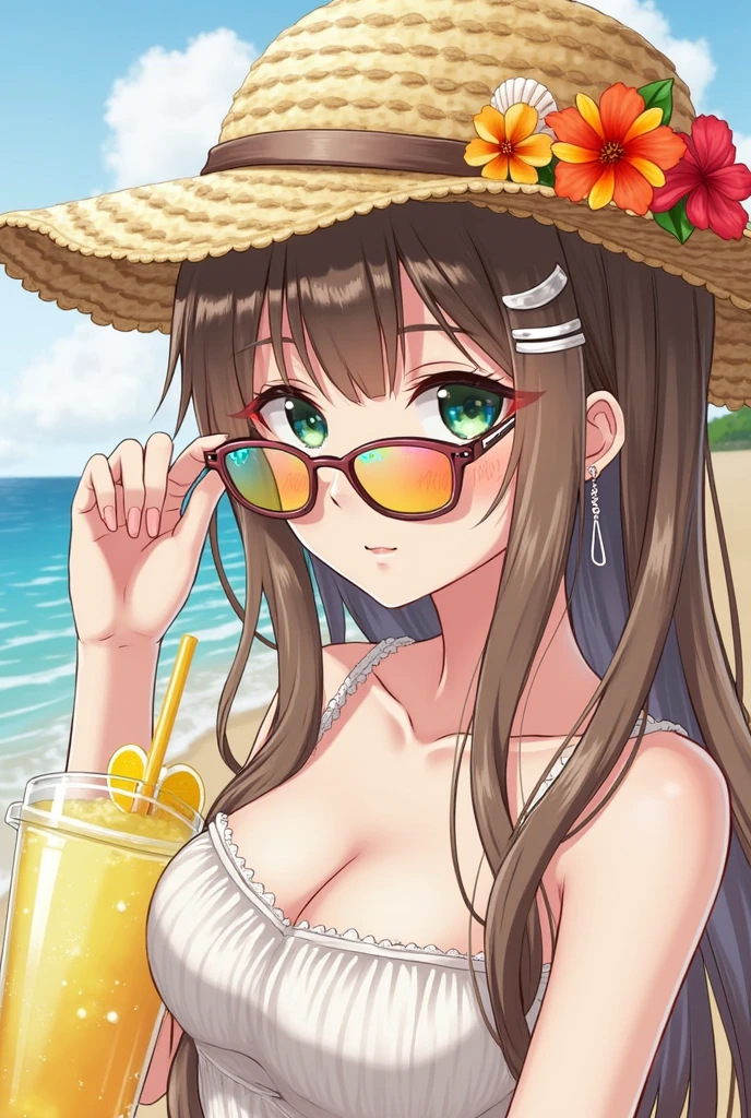 [big boob], cleavage, vanilla, ice cream, melted, sheer blouse, see, bikini, flower, sweaty, cute face, small face, summer, long hair, red hair, pony tail, girl, sweaty, blue ocean, blue sky