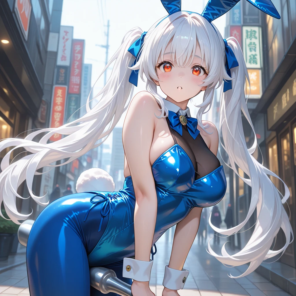 girl、、Bink、leotard、whole body。blue eyes、White Hair、Functional、Seductive pose、front、noon、Outdoor、garden、Beach、Mouse ears