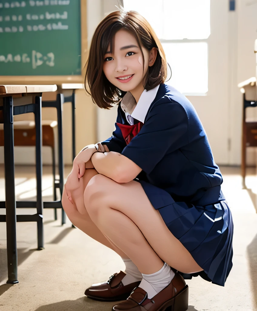 highest quality、Ultra-high resolution、8k、masterpiece、Clear photos、Sharp focus、Delicate and beautiful 、Very cute school girl、thin、very short navy pleated skirt、mini skirt:1.8、Very short bob hair、Brown Hair、smile、(Squatting with legs apart facing the camera:1.6)、In the school classroom、Beautiful feet、Showing off her lacy white underwear:1.8