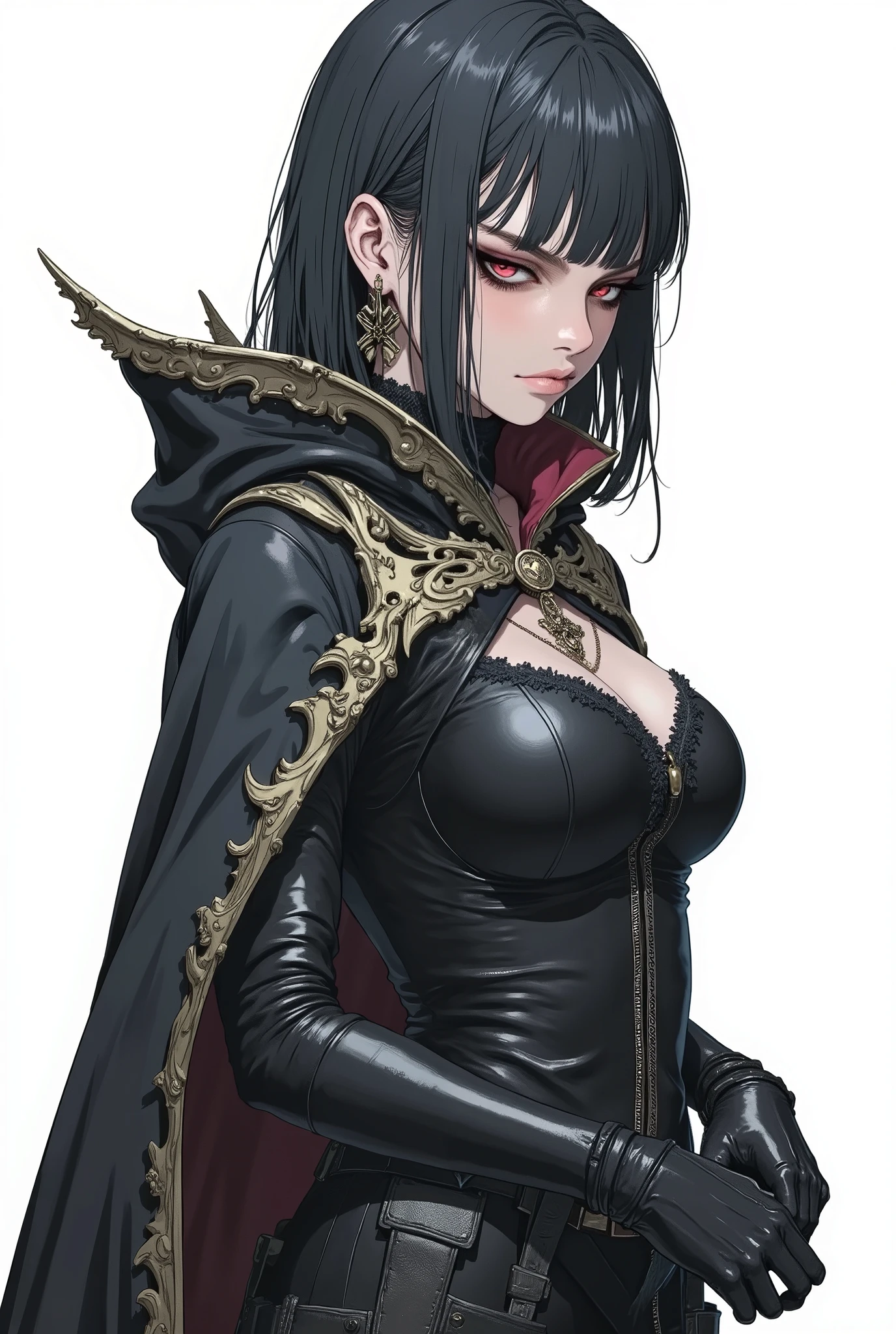 masterpiece, latest, very aesthetic, A very beautiful 25 year old girl, mixed race oriental, oriental features, hair with straight cyberpunk style bangs, black hair and medium length, she is wearing a cape with leather clothes underneath, "Assassins Creed" style clothes, demon hunter style clothes from 'Diablo 3' she has black hair, with anime features similar to the anime 'Vampire Hunter D Bloodlust', , rossdraws 2.0, rossdraws 1.0, high quality image, adult style anime, reminiscent of 90's anime. 3 tone, 90's anime colors, defined and striking features, serious look, high resolution, 3 color tones, cell tone, high contrast, no gradient, SIDE VIEW, her face is sideways, [[Full body]] [[Image showing her entire body from head to toe]] [[Full body]]] , masterpiece, high resolution, anatomically correct, high quality, anime style drawing 'Fatal Fury', anime style drawing 'blade&soul'. anime features, rendered style the anime 'Vampire hunter D' [[White background]]