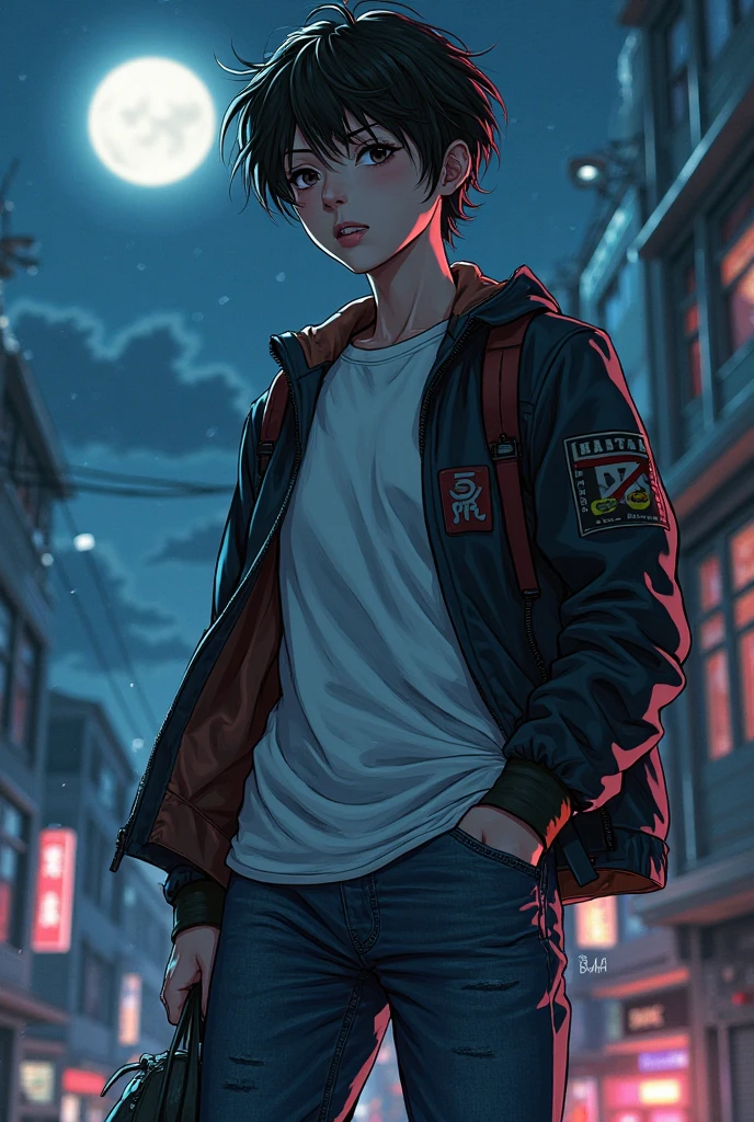 boy short hair shaved sides, Cold look, smoking, in a bright city, Starry Night, seated