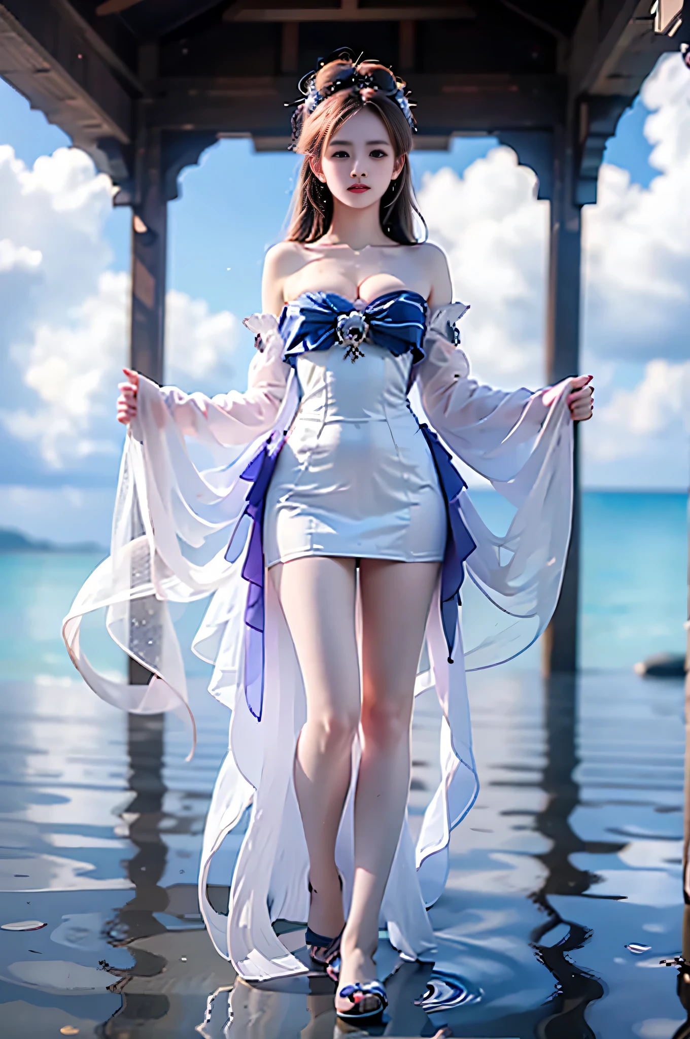 Beautiful woman with perfect body：1.4，Layered Hairstyle，Prominent cleavage，Highly detailed face and skin textures，Double eyelids，Skin Whitening，Long hair，Whitened long legs，（Azure Hanfu）Standing by the sea