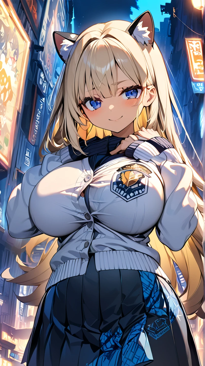 (masterpiece, best quality:1.2), intricate details, 1girl,sky striker ace raye,cityscape ,blue eyes,Blond hair, black headdress.Dark brown tie,standing on the roof of a building,raining,stars,night,cleavage,narrow bust,frontal view,(mature female:1.2),huge breasts