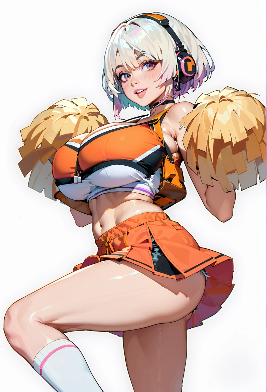 nier autómata, 2b, in a cheerleader costume, showing armpits and big ass, half naked, colorfull background.