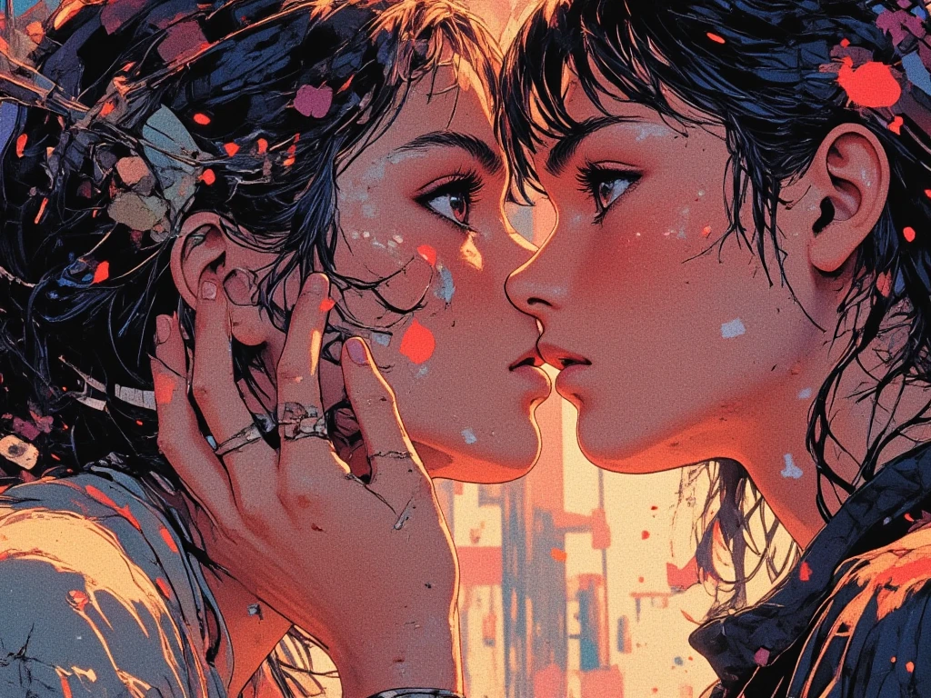 ((masterpiece)), ((best quality)), Anime style, soft cinematic lighting, close-up of a sweet young woman, who is about to kiss someone, she just took her glasses off her face and holds them gently in one hand near her chest or cheek, her eyes are now fully visible — soft, wide, and full of affection, Her face is slightly tilted, slightly open lips, and her expression is shy, but longing, Her body leans forward, very close to another person, intense romantic tension, the glasses hang gently in her hand, showing , that she just took them off, Her hair is slightly disheveled, His cheeks flushed slightly, the background is blurred and gently glows, enhancing the intimate atmosphere, shallow depth of field, warm color tones, a strong focus on her facial expression, gesture, and the emotional vulnerability, the moment seems frozen in time, tender and heartfelt