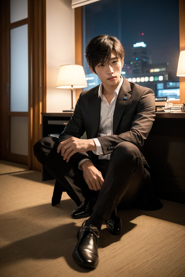 Korean boy with formal clothes, muscular black hair, no shirt, light brown eyes, sitting on a chair