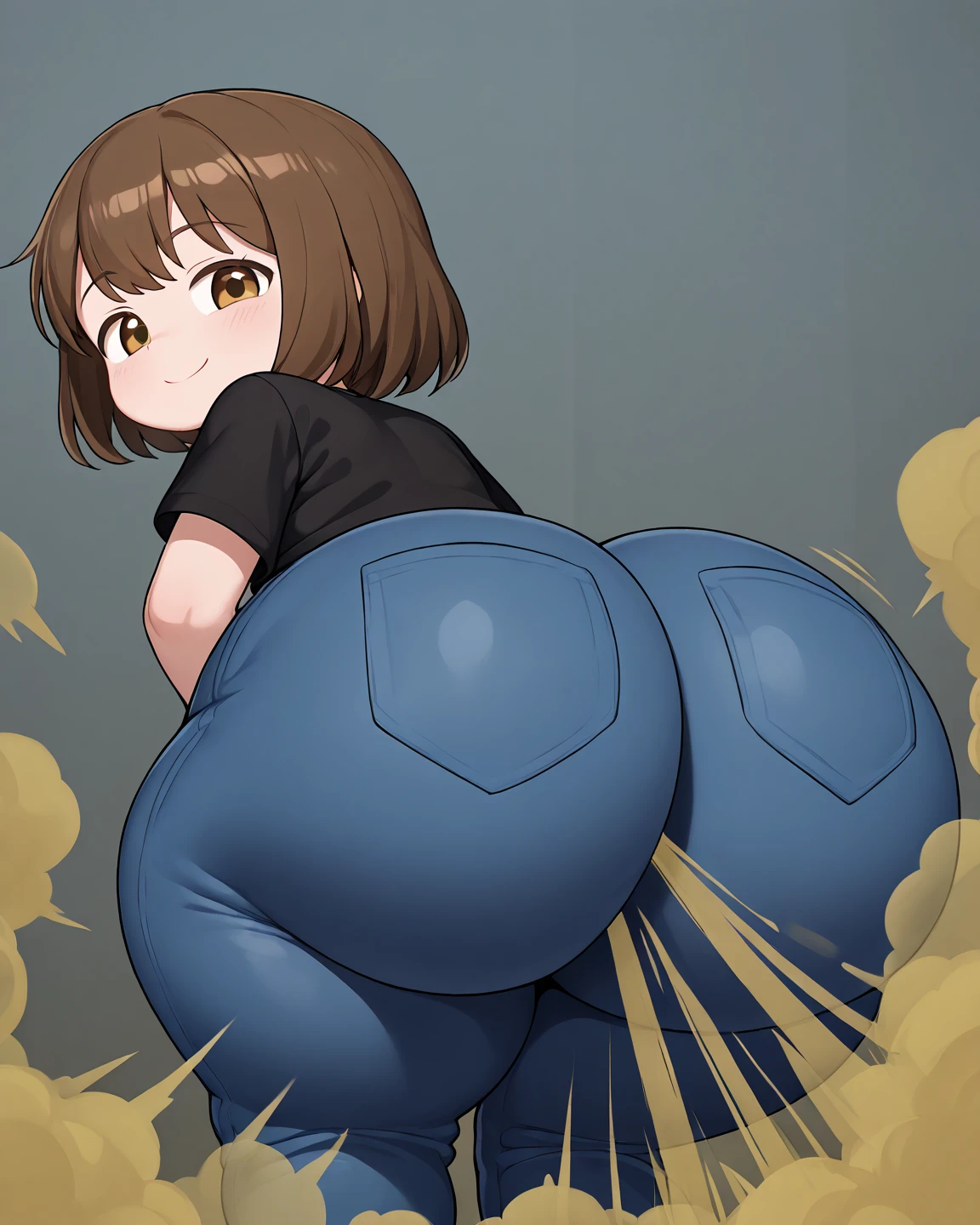 Solo, school sailor summer uniform, bike shorts, big butt, wide hips, short hair, brown hair, femboy, male boy, smug face, bratty boy, sideway, sideway perspective, masterpiece, blushing, see-through pants, visible crotch bulge, visible nipples