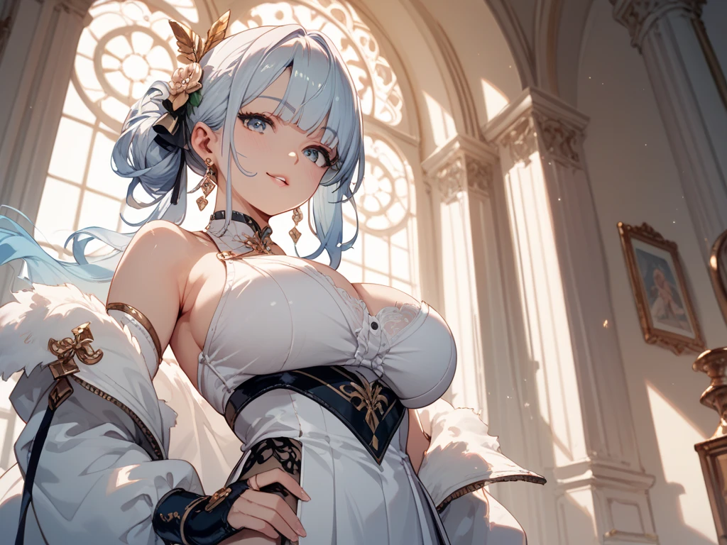 masterpiece, best quality, ultra-detailed, illustration,(1girl),beautiful detailed eyes, looking at viewer, close up, (breast focus), (arms behind back:1.2), (from above:1.1) huge breasts, (breasts out:1.3), (off shoulder:1.1), underwear, --auto --s2