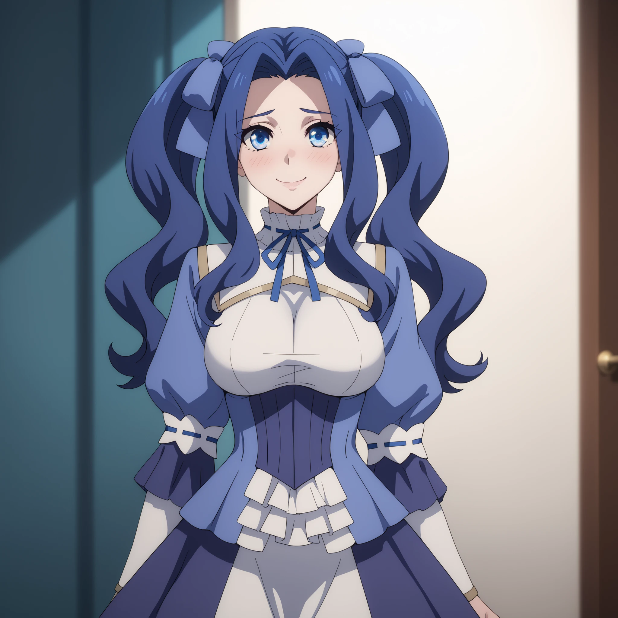 Melty Q Melromarc , SeaArtai masterpiece, detailed blue eyes ,shy and nervous smile,, would throw detailed and sexy dark blue, curvy figure and big breasts, Background a real room . warm and soft lighting, highlighting the reflections in her skin and hair. anime-style, ultra detailed, high quality art, 4k, soft shadows and vibrant light effects, (pechos grandes), big round butt. Hello girl. hands at your sides.