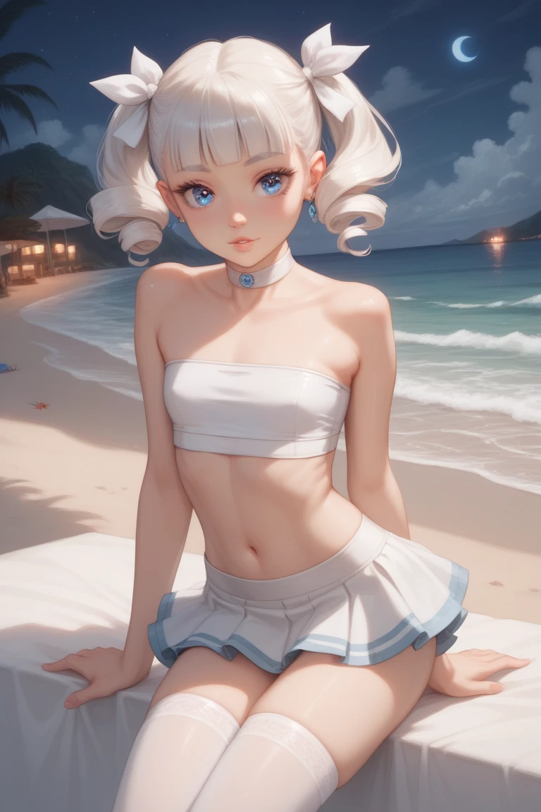 A 12-year-old girl, blonde with long hair, having an ice cream on the beach, revealing bikini