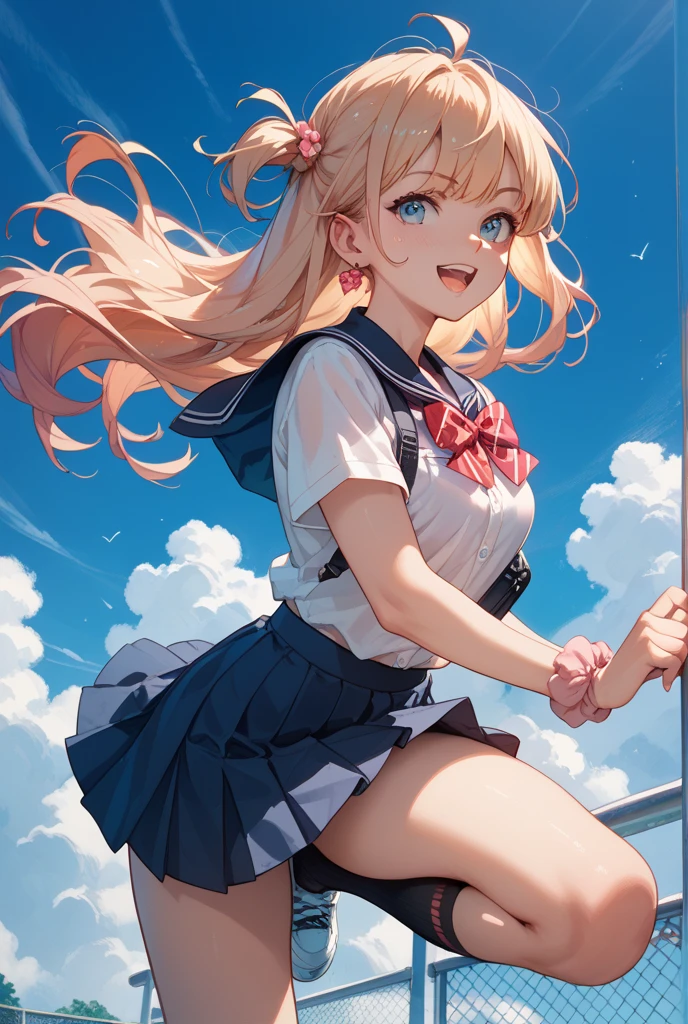 A high school girl in a sailor suit is doing a high kick,long hair,Blonde,White