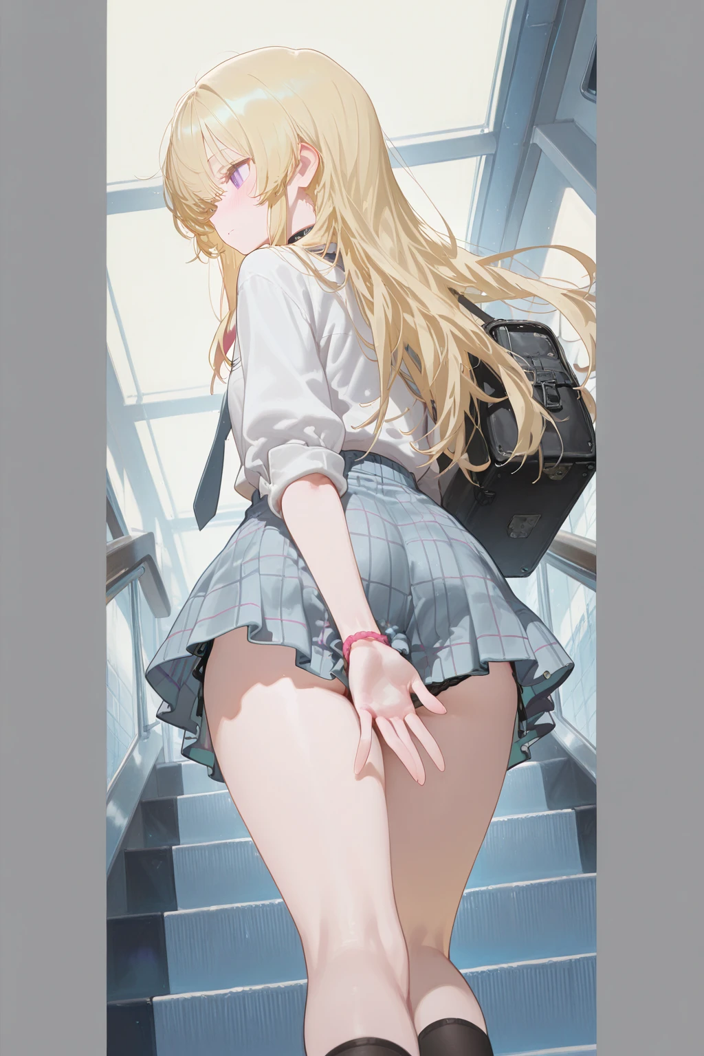 A girl with her hands on a desk at school,From directly behind,Low - Angle,Panties in full view,Absolute area