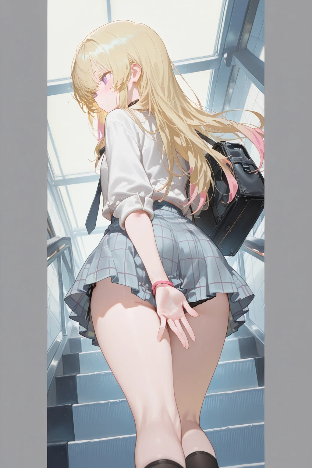 masterpiece, best quality,
view from behind, (view from below:1.7), 
1girl, ((summer clothes, , serafuku, plaid skirt)), (white :0.8), yellow hair, embarrassed face, 
turn around, hold the back of the skirt with your hand, escalator,