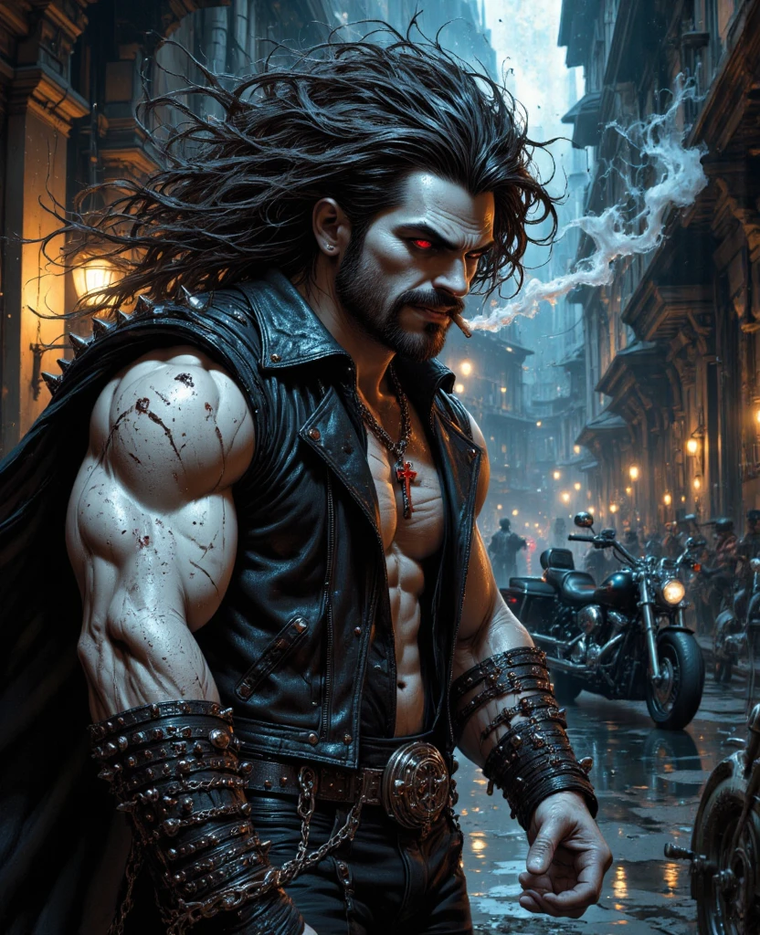 A muscular man with a beard and long black hair, angry, has black gloves, a stretched lion skin, an ax in his hand, he is angry, it is raining and storming, and a broken rope is behind him, a muscular man with a grim pose, a beautiful and fierce face, like a villain His eyes are red, high quality, masterpiece --auto