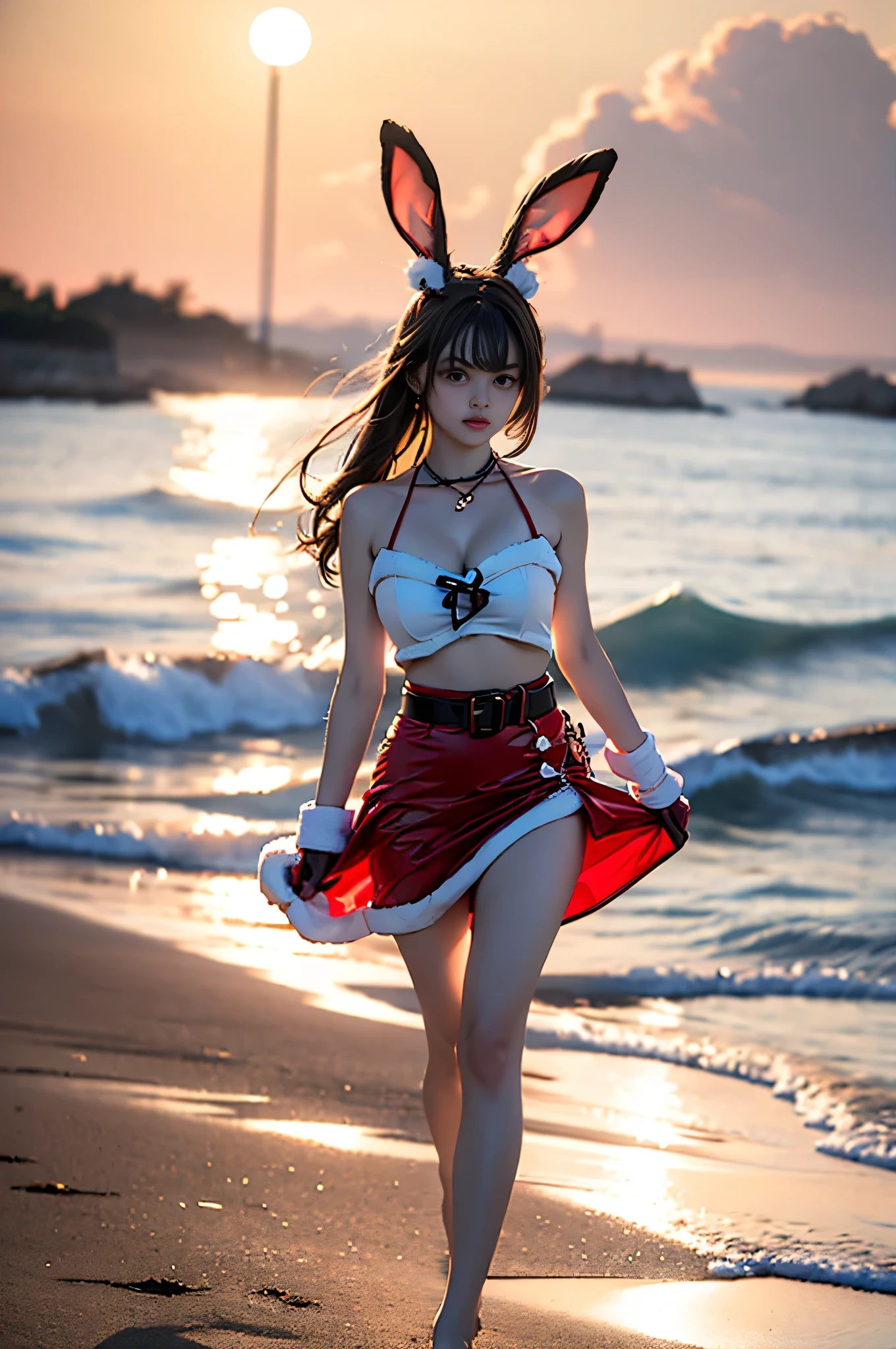 Chica con un bunny suit de playboy,medias de red y tatuajes enn la playa