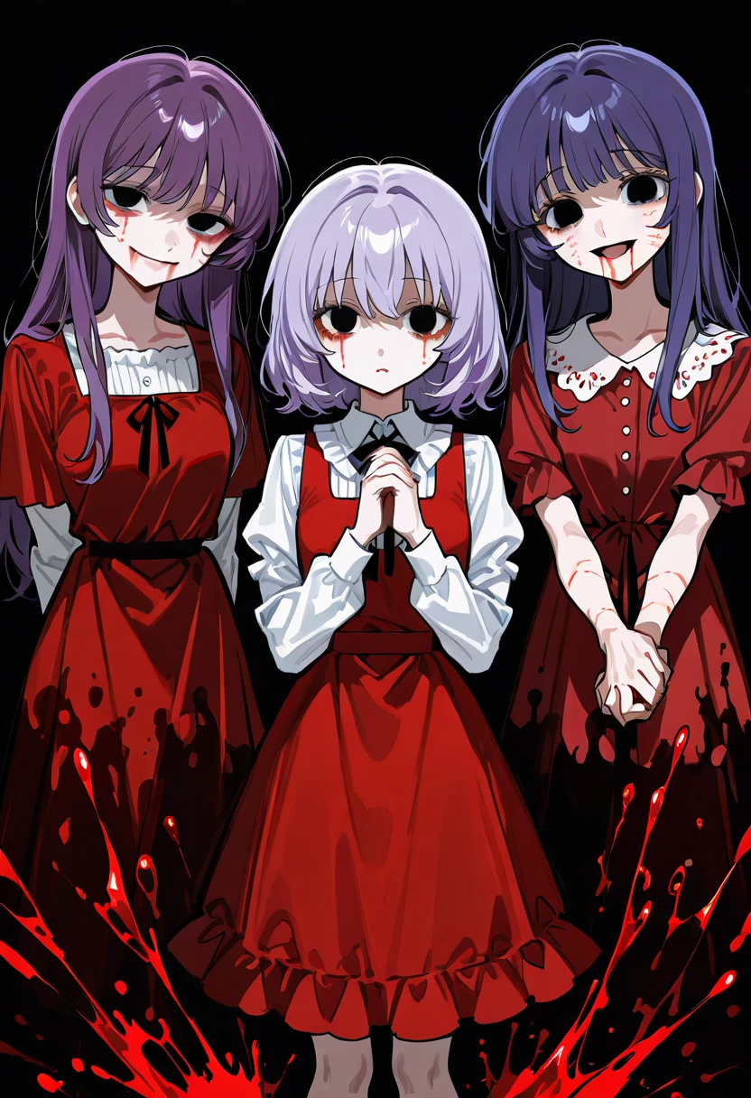 Old factory, dark background, (multiple girl), 2girls, pink hair in a bun, pink swept bangs, seifuku with the leading colors of black and red, black short-sleeved blouse with a red sailor collar, black knee-length pleated skirt, light blue tights, blood on face, blood on hands, blood on clothes, blood from mouth, closed eyes, die,  lying in the purple haired girl's lap, ((shoulder-length purple hair)), red ribbon is tied into a bow on the left side of her hair, purple crossed bangs, bright purple eyes, seifuku with the leading colors of black and red, black short-sleeved blouse with a red sailor collar, black knee-length pleated skirt, black socks, expressionless, calm, looking down at the pink-haired girl
