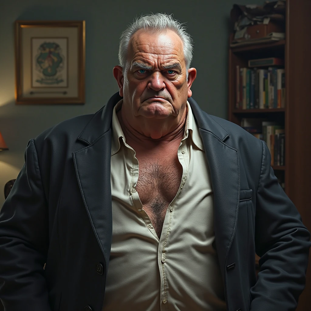 a muscular chubby older man, mature daddy, hairy chest, fat belly, waist belt, big cock, hard little nipple, disgusting boner, full body view, (best quality,4k,8k,highres,masterpiece:1.2),ultra-detailed,(realistic,photorealistic,photo-realistic:1.37),detailed face,intricate details,cinematic lighting,dramatic lighting,cinematic angle,cinematic pose,dark shadows,dramatic shadows