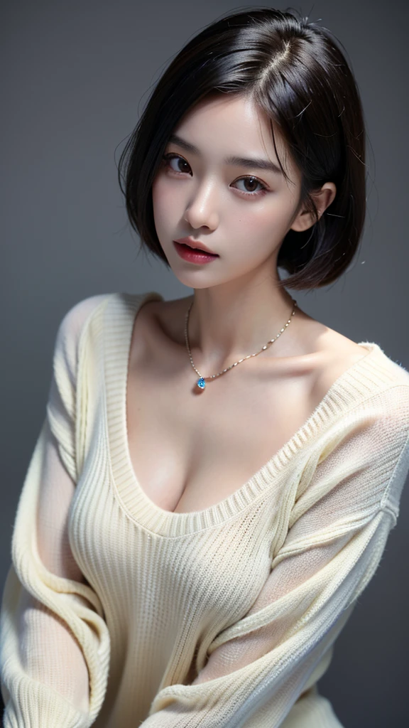 ((Beautiful Face:1.4)), (Purelos Face_v1: 1.0), Half Body,((White simple background)),Beautiful Japanese Women Photos, Large Breasts, Very short bob hair,Upper Body,(Extra Large_sweater,:1.1) necklace, Simple Background, ((View your viewers)),((Natural big breasts:1.2))