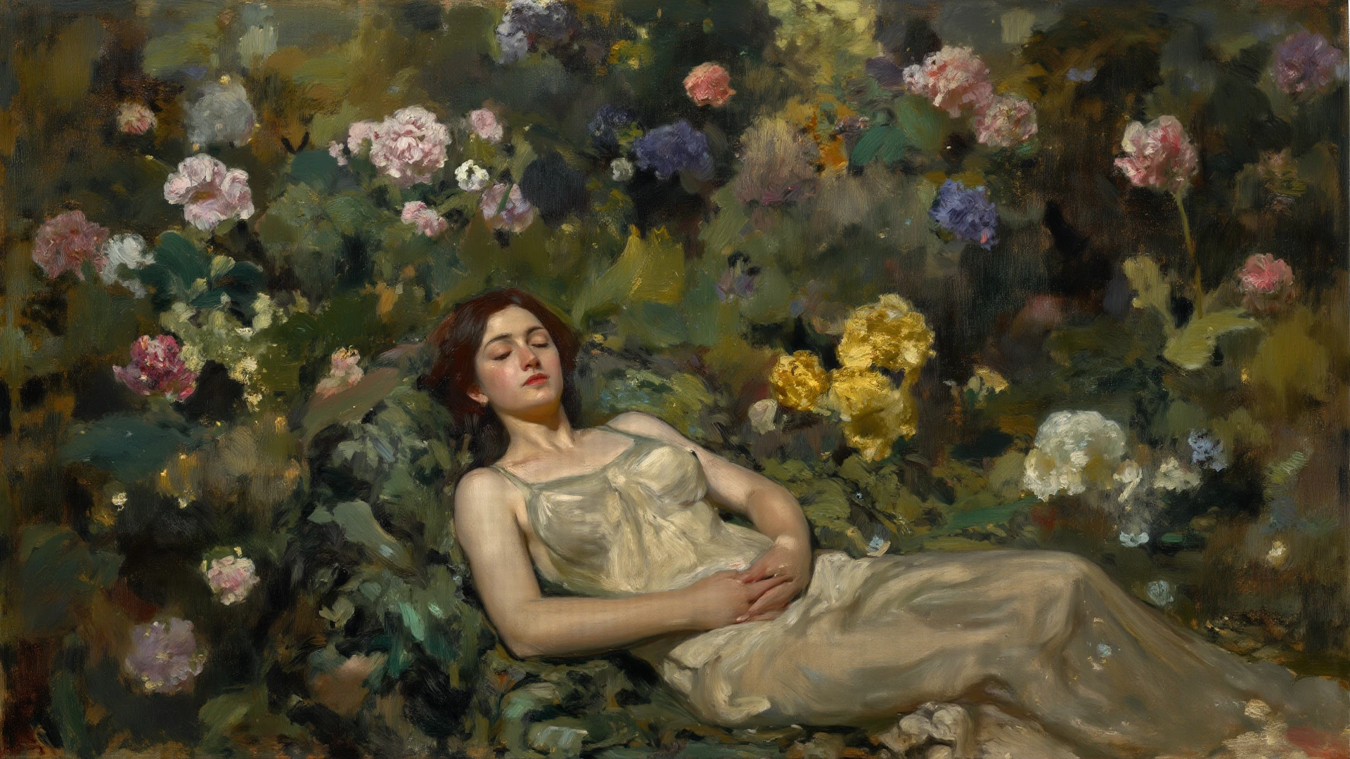 Create a portrait of a young woman in a semi-reclining pose with a pensive expression. Use a painterly style inspired by Malcolm Liepke, characterized by expressive brushstrokes and rich texture. Employ a color palette of muted greens, soft pinks, deep purples, and subtle flesh tones to evoke a sense of depth and emotion. The background should consist of abstract, textured layers in complementary colors, blending seamlessly with the figure. Pay attention to the contrast between the smooth, detailed rendering of the face and the rough, textured application of paint in the surrounding areas. Capture the delicate balance of vulnerability and strength in the subject's gaze and posture