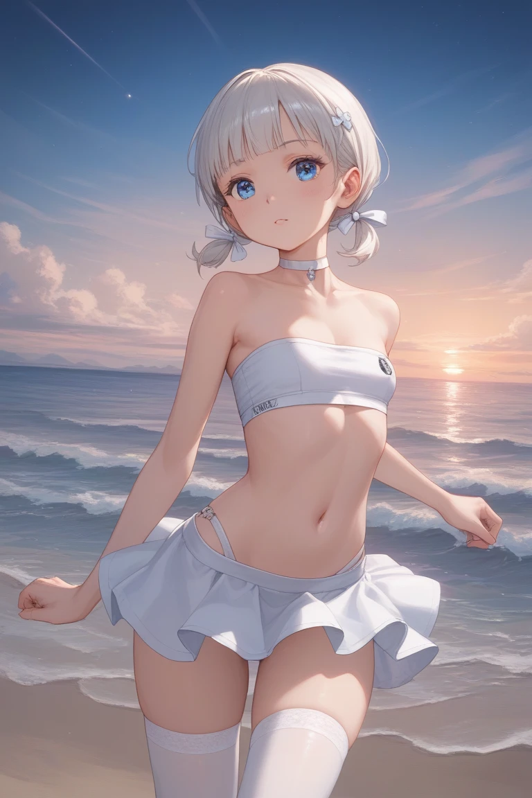 whole body、Holographic color hair、(Big kindergarten、girl)、((Sandy Beach))、(((Spread your legs)))、 ((Super huge breasts、Embarrassing、blush、Cute lace white panties、Cute lace white bra、Cute lace white tights))、highest quality, masterpiece, highest quality, High resolution, 8k, 超A high resolution, Place your arms behind your back, Hide your arms behind your back,Dance with your hands wide open