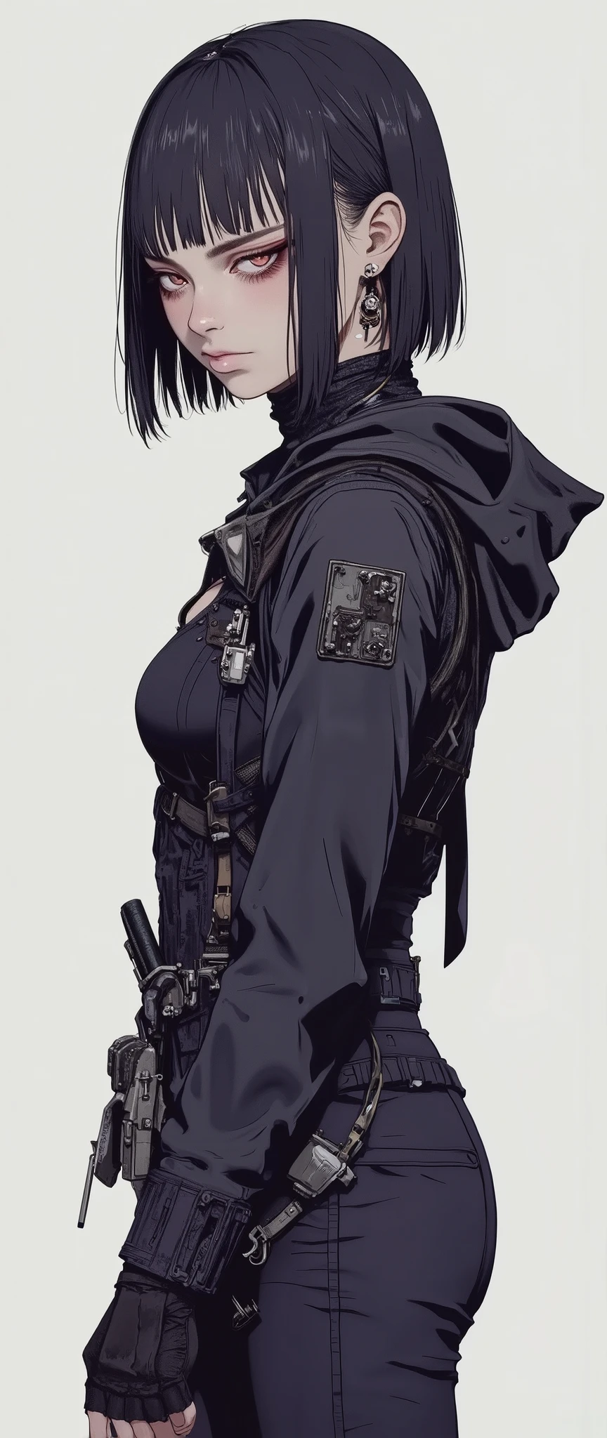 masterpiece, latest, very aesthetic, A very beautiful 25 year old girl, mixed race oriental, oriental features, hair with straight cyberpunk style bangs, black hair and medium length, she is wearing a cyberpunk style hood, "Assassins Creed" style clothes with some futuristic accessories, steampunk clothes, dark fantasy clothes, she has black hair, with anime features similar to the anime 'Vampire Hunter D Bloodlust', , rossdraws 2.0, rossdraws 1.0, high quality image, adult style anime, reminiscent of 90's anime. 3 tone, 90's anime colors, defined and striking features, serious look, high resolution, 3 color tones, cell tone, high contrast, no gradient, SIDE VIEW, her face is sideways, [[Full body]] [[Image showing her entire body from head to toe]] [[Full body]]] , masterpiece, high resolution, anatomically correct, high quality, anime style drawing 'Fatal Fury', anime style drawing 'blade&soul'. anime features, rendered in the style of the anime 'Vampire hunter D' [[White background]]