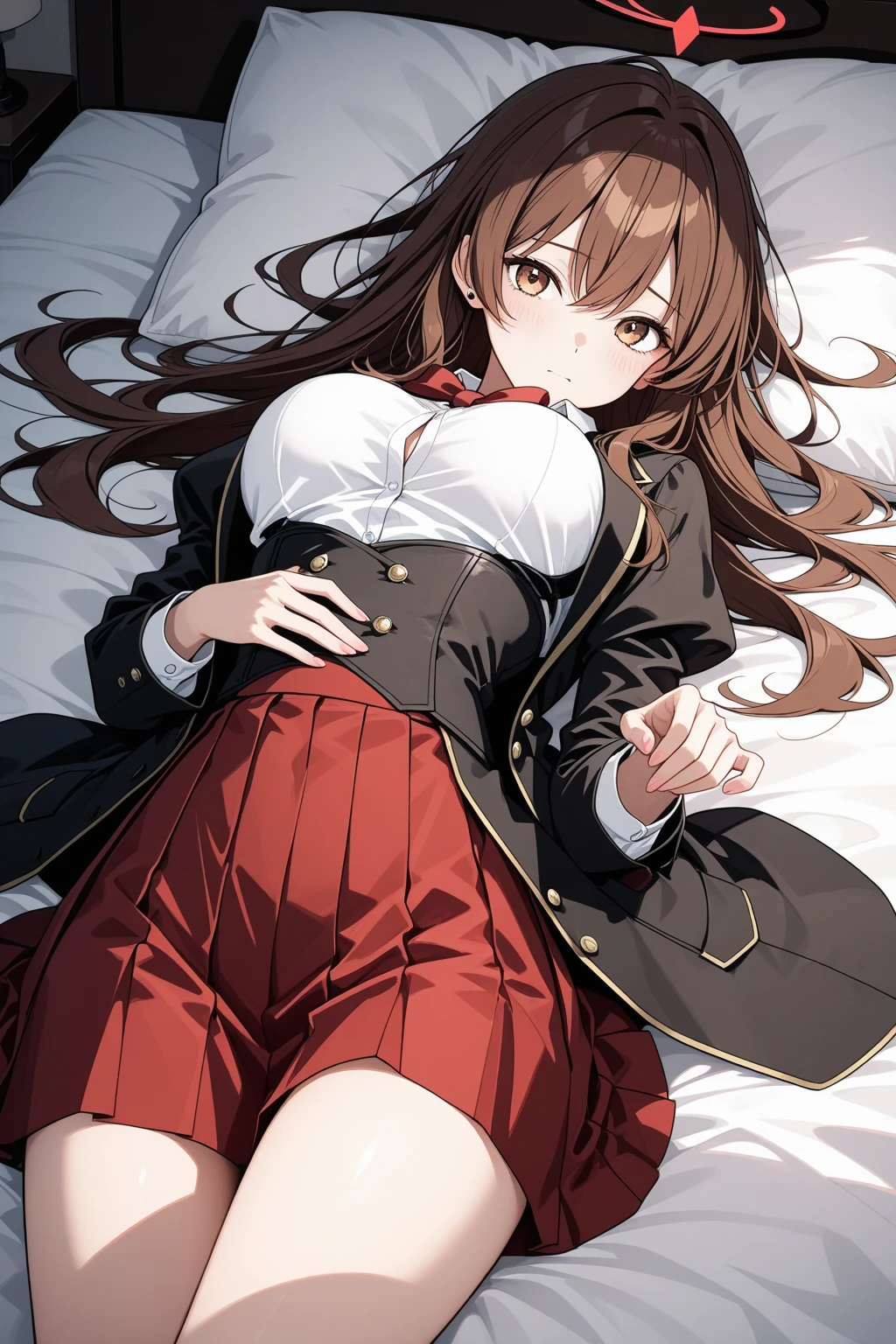 a woman in red and white is sitting on a bed. the person has horns and eyes, 1girl, breasts, thighs, solo, long hair, sitting, horns, skirt, red eyes, large breasts, off shoulder, shirt, looking at viewer, red skirt, white shirt, jacket, brown hair, picture frame, necktie, bangs, closed mouth, sleeveless, indoors, very long hair